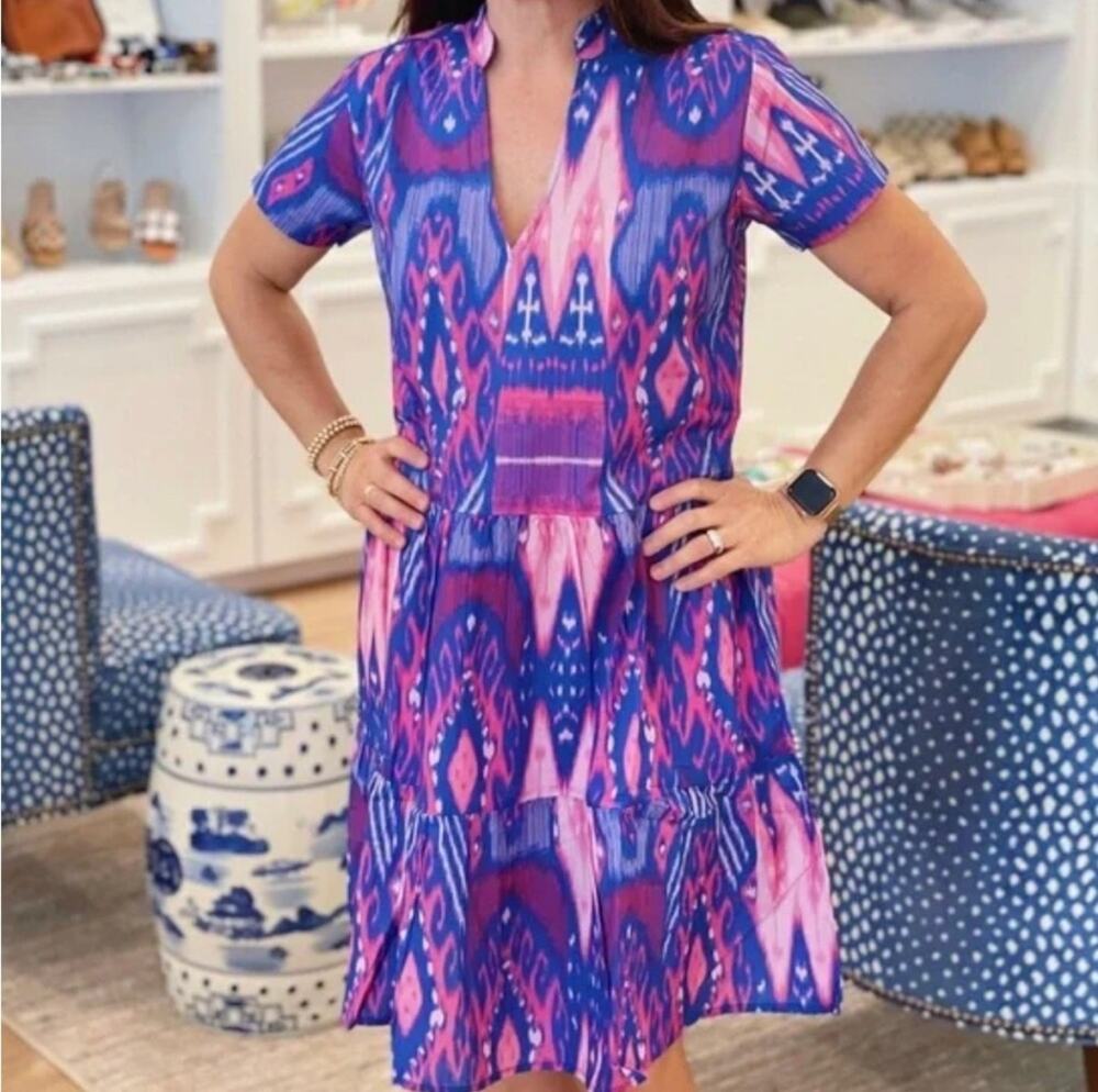 La Plage Alison Blue Pink Ikat Cotton Pocket Dress Women’s Large